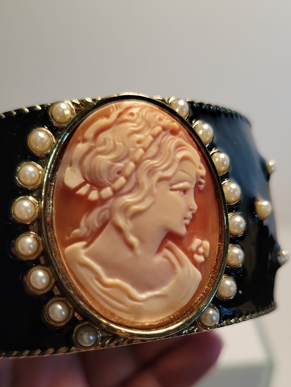 Amedeo Black Enamel Cameo Pearl Accent Cuff Bracelet - Picture 5 of 5